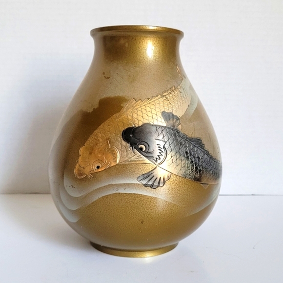 Vintage Fine Japanese Hand Cast Bronze Double Koi Fish Vase Rare - Picture 15 of 15